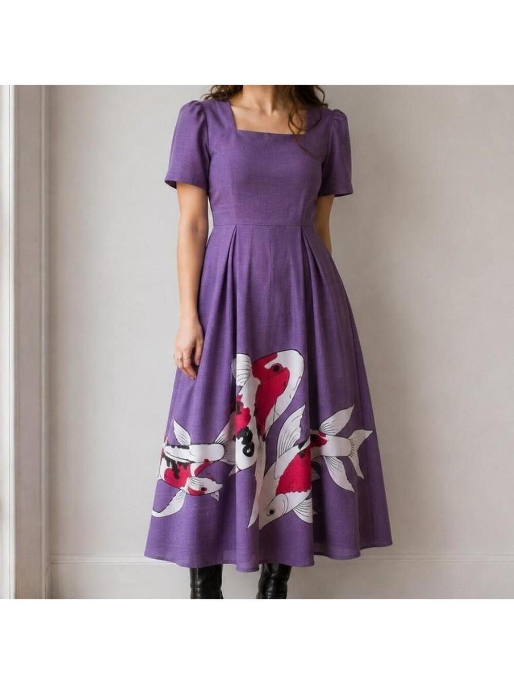 90s Love Lady Korean Koi Border Print Midi Dress In Lavender Vintage S/M